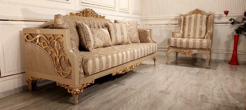 Casa Padrino Luxus Barock Sofa Gold / Beige / Gold - Prunkvolles Wohnzimmer Sofa mit Streifen - Barock Wohnzimmer & Hotel Möbel - Edel & Prunkvoll