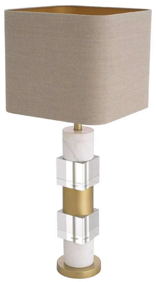 Casa Padrino Luxus Tischleuchte Antik Messingfarben / Weiß / Beige 35 x 35 x H. 87 cm - Schreibtischleuchte mit Marmor und Kristallglas - Luxus Qualität