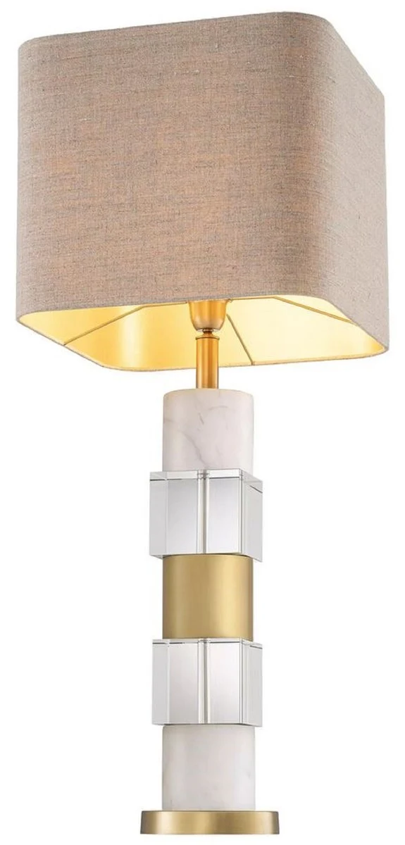 Casa Padrino Luxus Tischleuchte Antik Messingfarben / Weiß / Beige 35 x 35 x H. 87 cm - Schreibtischleuchte mit Marmor und Kristallglas - Luxus Qualität