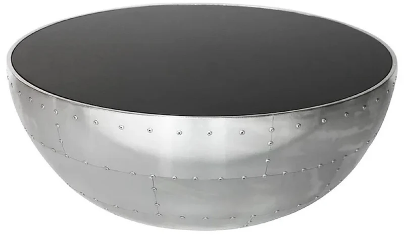 Casa Padrino Luxus Couchtisch Silber / Schwarz Ø 82 x H. 34 cm - Runder Aluminium Wohnzimmertisch mit Glasplatte - Aluminium Flugzeug Flieger Möbel - Wohnzimmer Möbel - Luxus Möbel