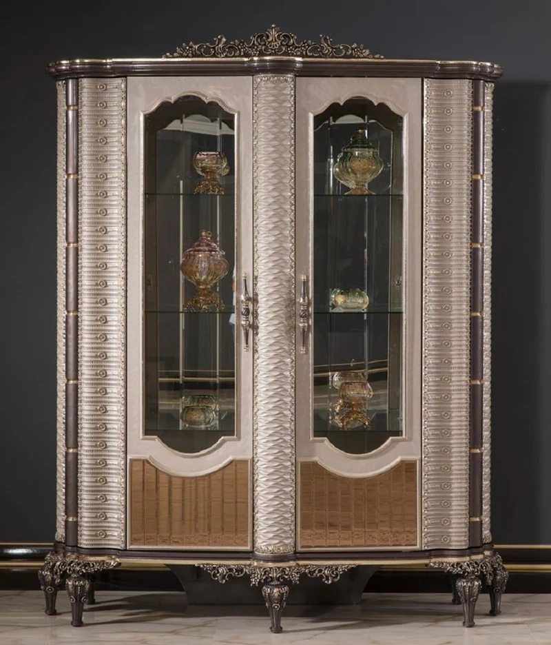 Casa Padrino Luxus Barock Vitrine Grau / Braun / Gold - Prunkvoller Massivholz Vitrinenschrank mit 2 Glastüren - Barock Möbel - Edel & Prunkvoll