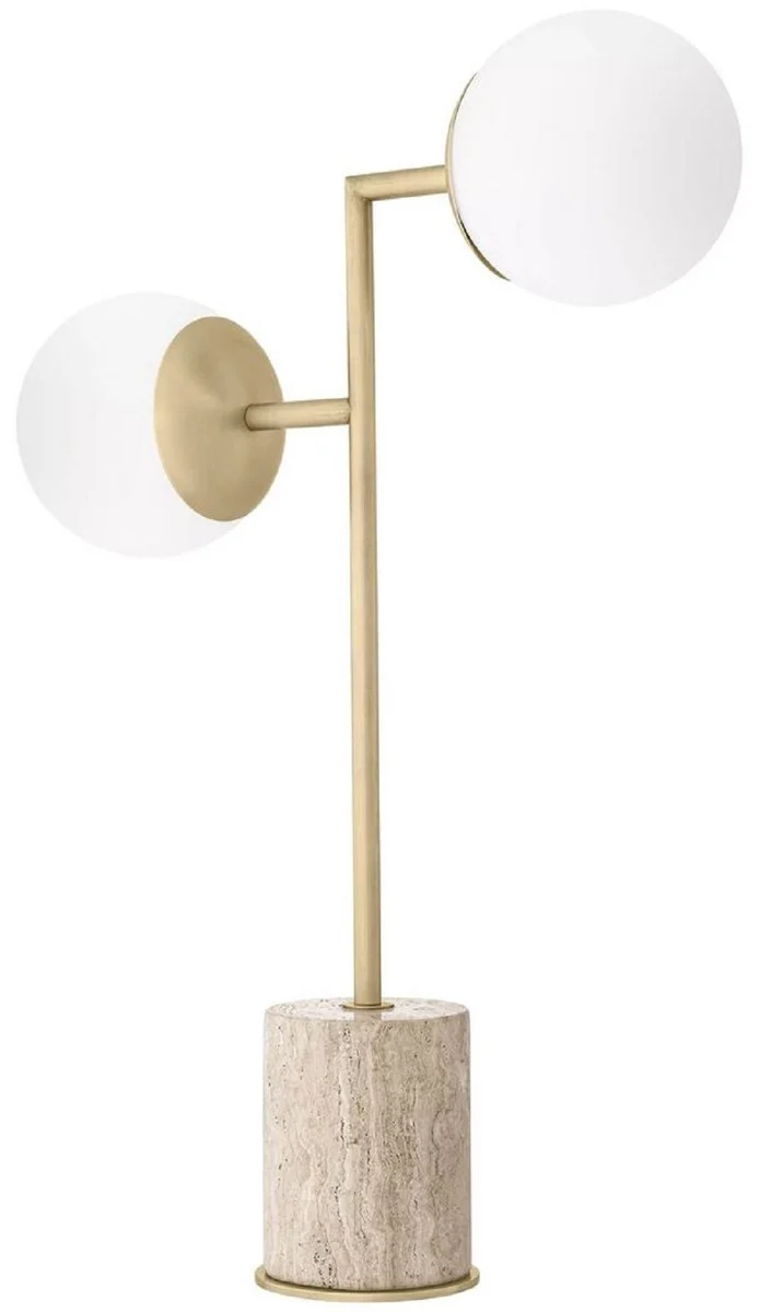 Casa Padrino Luxus Tischleuchte Travertin / Antik Messing / Weiß 51 x H. 70 cm - Schreibtischleuchte mit Travertin Sockel und Glas Lampenschirmen - Luxus Leuchten - Luxus Möbel - Luxus Interior