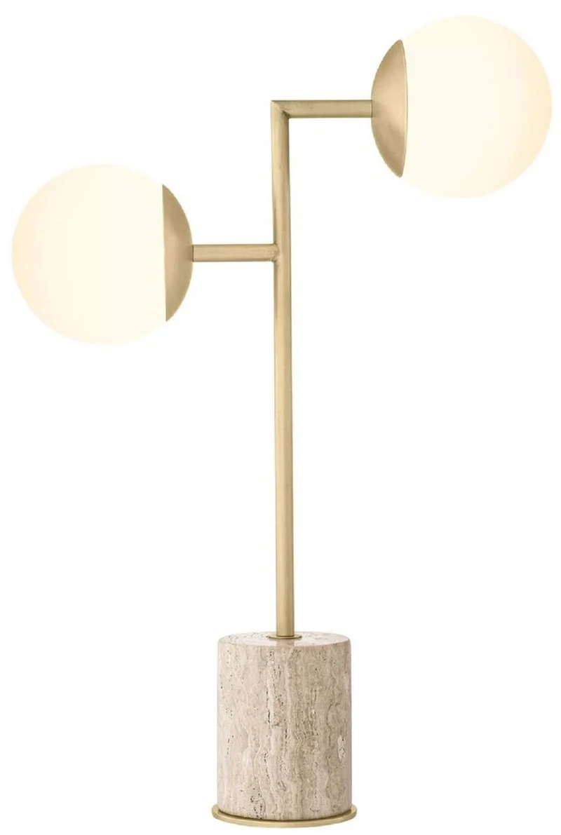 Casa Padrino Luxus Tischleuchte Travertin / Antik Messing / Weiß 51 x H. 70 cm - Schreibtischleuchte mit Travertin Sockel und Glas Lampenschirmen - Luxus Leuchten - Luxus Möbel - Luxus Interior