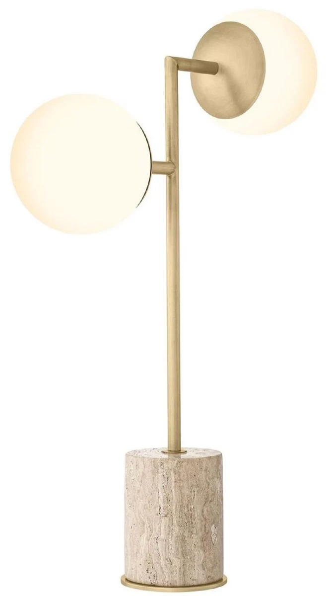 Casa Padrino Luxus Tischleuchte Travertin / Antik Messing / Weiß 51 x H. 70 cm - Schreibtischleuchte mit Travertin Sockel und Glas Lampenschirmen - Luxus Leuchten - Luxus Möbel - Luxus Interior