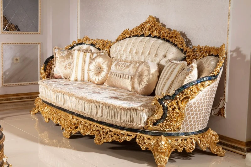 Casa Padrino Luxus Barock Wohnzimmer Set Gold / Weiß / Blau / Gold - 2 Sofas & 2 Sessel & 1 Couchtisch & 2 Beistelltische - Handgefertigte Wohnzimmer Möbel im Barockstil - Edel & Prunkvoll