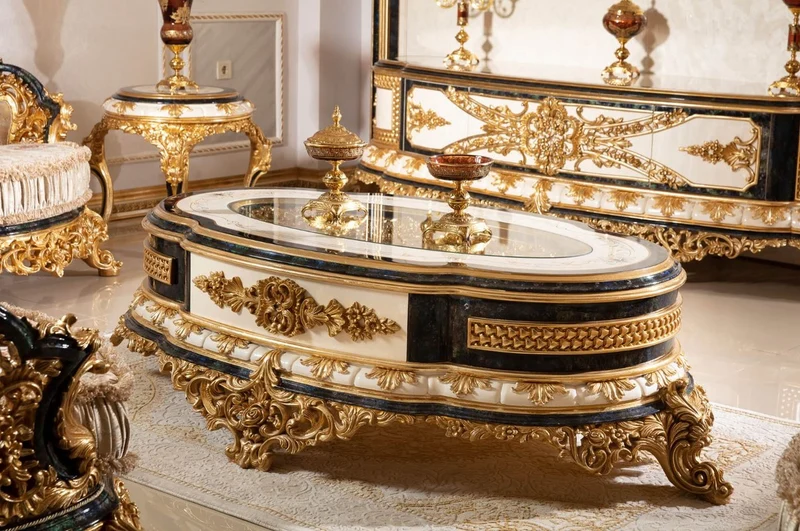 Casa Padrino Luxus Barock Wohnzimmer Set Gold / Weiß / Blau / Gold - 2 Sofas & 2 Sessel & 1 Couchtisch & 2 Beistelltische - Handgefertigte Wohnzimmer Möbel im Barockstil - Edel & Prunkvoll