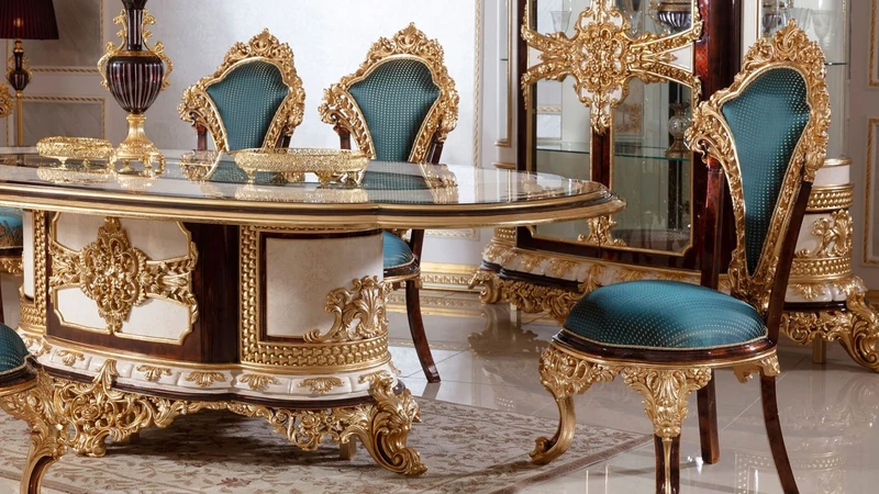 Casa Padrino Luxus Barock Esszimmerstuhl Set Blau / Braun / Gold - Handgefertigtes Küchen Stühle 6er Set mit elegantem Muster - Barock Esszimmer Möbel - Edel & Prunkvoll