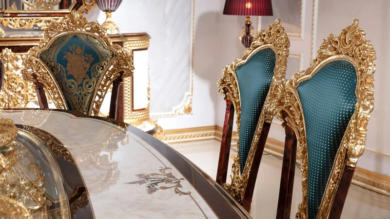 Casa Padrino Luxus Barock Esszimmerstuhl Set Blau / Braun / Gold - Handgefertigtes Küchen Stühle 6er Set mit elegantem Muster - Barock Esszimmer Möbel - Edel & Prunkvoll