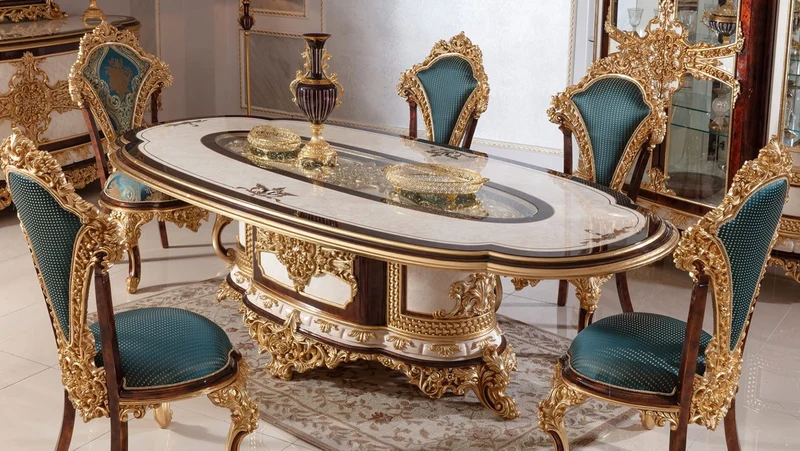 Casa Padrino Luxus Barock Esszimmerstuhl Set Blau / Braun / Gold - Handgefertigtes Küchen Stühle 6er Set mit elegantem Muster - Barock Esszimmer Möbel - Edel & Prunkvoll