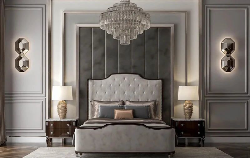 Casa Padrino Luxus Art Deco Doppelbett Grau / Dunkelbraun / Silber - Edles Massivholz Bett mit Kopfteil - Schlafzimmer Möbel - Hotel Möbel - Art Deco Möbel - Luxus Art Deco Einrichtung