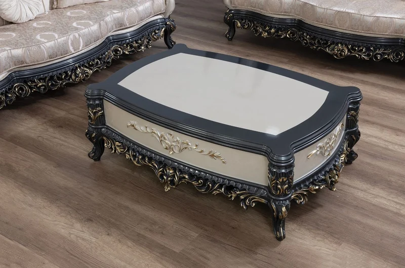 Casa Padrino Luxus Barock Couchtisch Creme / Grau / Gold - Handgefertigter Massivholz Wohnzimmertisch - Prunkvolle Massivholz Wohnzimmer Möbel im Barockstil
