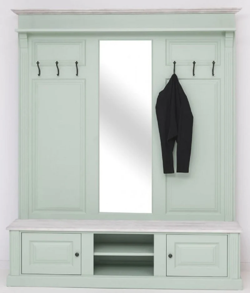 Casa Padrino Landhausstil Garderobe Mintgrün / Grau 180 x 41 x H. 210 cm - Massivholz Garderobenschrank mit Spiegel - Massivholz Garderobenmöbel - Landhausstil Garderobenmöbel