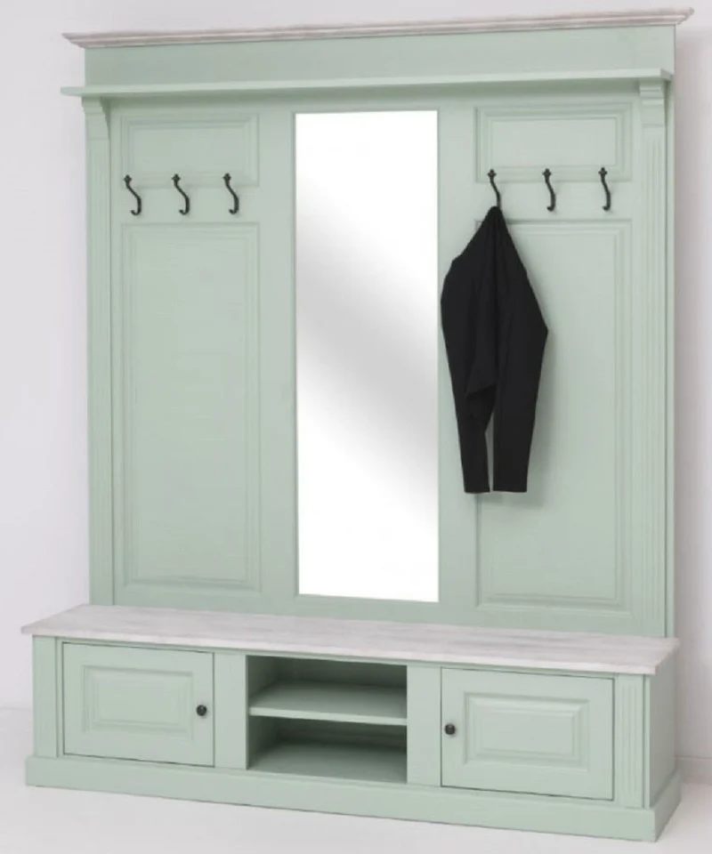 Casa Padrino Landhausstil Garderobe Mintgrün / Grau 180 x 41 x H. 210 cm - Massivholz Garderobenschrank mit Spiegel - Massivholz Garderobenmöbel - Landhausstil Garderobenmöbel