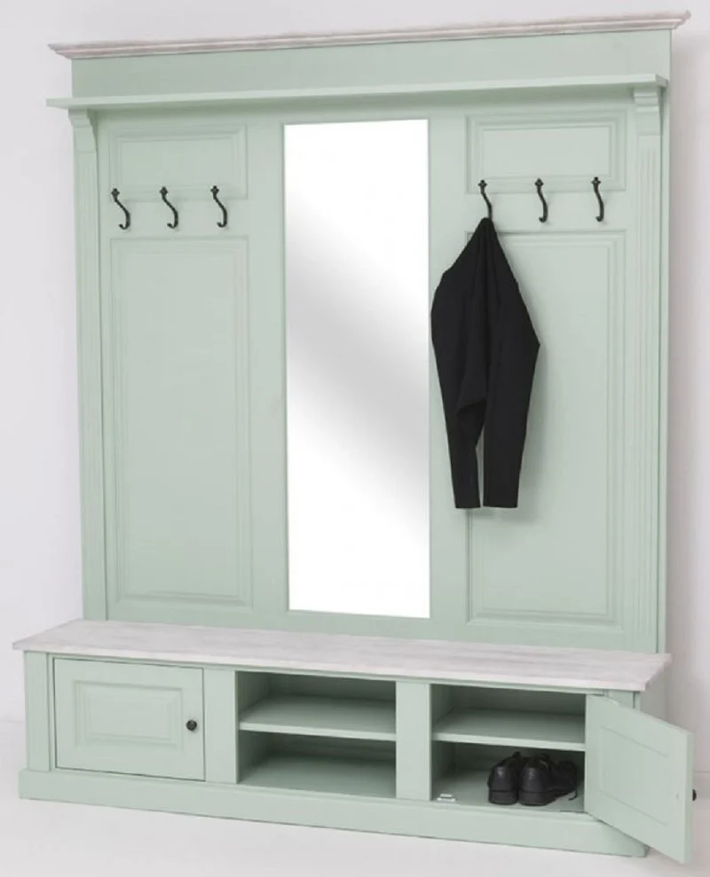 Casa Padrino Landhausstil Garderobe Mintgrün / Grau 180 x 41 x H. 210 cm - Massivholz Garderobenschrank mit Spiegel - Massivholz Garderobenmöbel - Landhausstil Garderobenmöbel