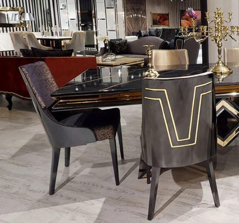 Casa Padrino Luxus Art Deco Esszimmer Stuhl Set Schwarz / Gold - Küchen Stühle 6er Set - Art Deco Esszimmer Möbel - Luxus Qualität