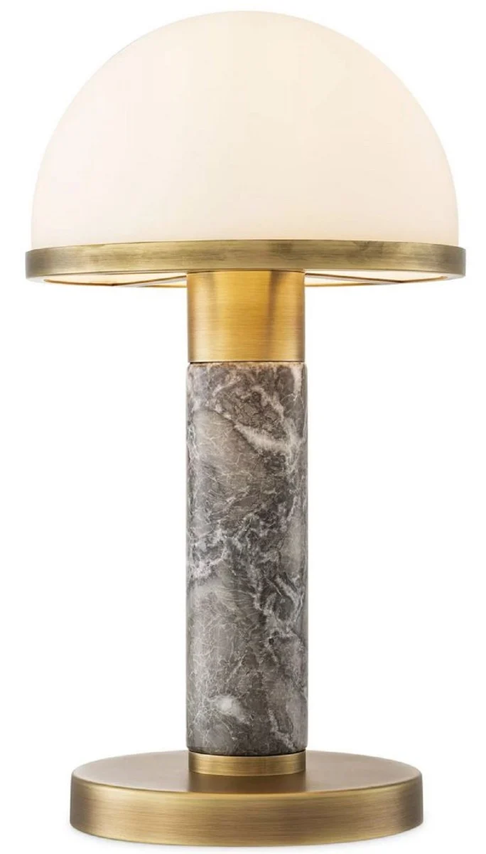 Casa Padrino Luxus Tischleuchte Grau / Antik Messing / Weiß Ø 21 x H. 41 cm - Schreibtischleuchte mit hochwertigem Marmor und Glas Lampenschirm - Luxus Leuchten - Luxus Möbel - Luxus Interior