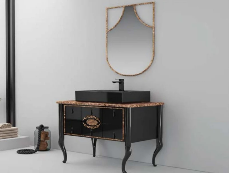 Casa Padrino Luxus Barock Badezimmer Set Hochglanz Schwarz / Braun - 1 Waschtisch & 1 Keramik Waschbecken & 1 Wandspiegel - Badezimmer Möbel im Barockstil - Barock Möbel - Barock Einrichtung
