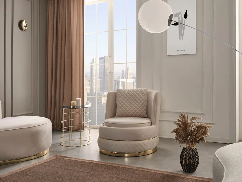 Casa Padrino Luxus Drehsessel Creme / Gold 80 x 85 x H. 81 cm - Wohnzimmer Sessel mit edlem Samtstoff - Wohnzimmer Möbel - Luxus Möbel - Wohnzimmer Einrichtung - Luxus Einrichtung
