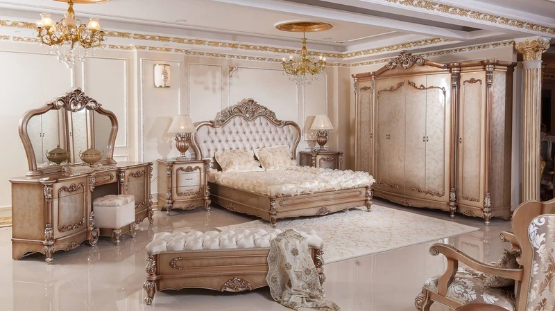 Casa Padrino Luxus Barock Schlafzimmer Set Kupfer / Silber - 1 Barock Schminkkommode & 1 Barock Spiegel & 1 Barock Hocker - Luxus Schlafzimmer Möbel im Barockstil - Edel & Prunkvoll