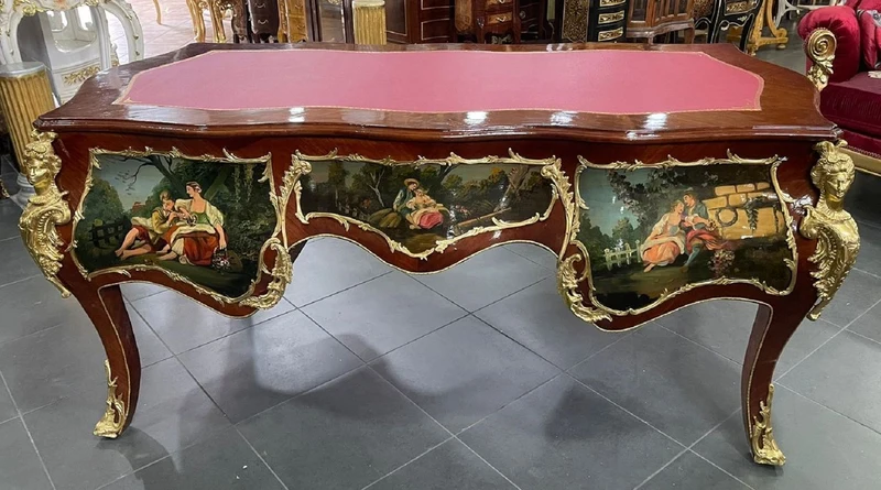 Casa Padrino Barock Massivholz Schreibtisch Braun / Mehrfarbig / Gold / Bordeaux - Prunkvoller Bürotisch im Barockstil - Handgefertigte Barock Büro Möbel