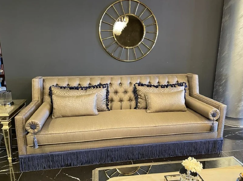 Casa Padrino Luxus Art Deco Chesterfield Sofa Gold / Lila - Handgefertigtes Massivholz Wohnzimmer Sofa - Luxus Art Deco Chesterfield Wohnzimmer Möbel