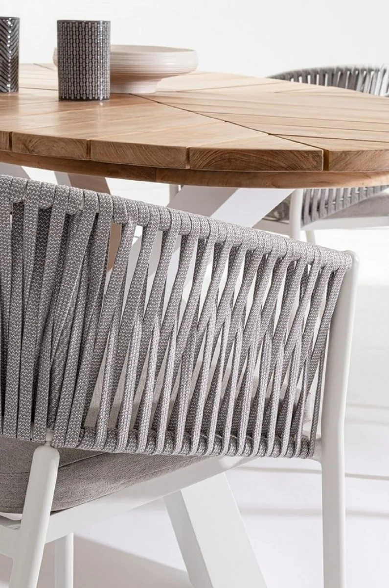 Casa Padrino Luxus Gartentisch Naturfarben / Weiß 240 x 110 x H. 77 cm - Ovaler Esstisch mit Teakholz Tischplatte - Garten & Terrassen Tisch - Luxus Garten & Terrassen Möbel
