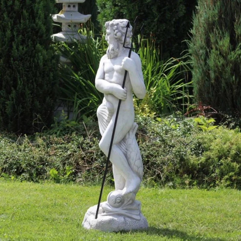 Casa Padrino Jugendstil Wasserspeier Skulptur Neptun mit Fisch Grau / Schwarz 35 x 35 x H. 123 cm - Elegante Wasserspeier Stein Figur - Barock & Jugendstil Garten Deko Accessoires