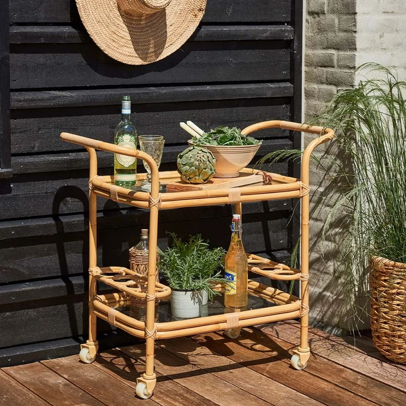 Casa Padrino Luxus Outdoor Servierwagen Naturfarben 89 x 45 x H. 82 cm - Wetterbeständiger Garten & Terrassen Trolley - Garten & Terrassen Accessoires - Luxus Qualität