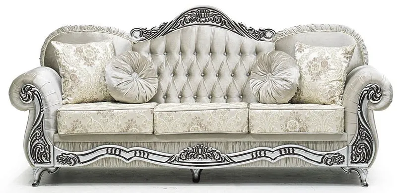 Casa Padrino Luxus Barock Sofa Grau / Creme / Silber / Schwarz - Prunkvolles Wohnzimmer Sofa mit elegantem Muster und Glitzersteinen - Luxus Wohnzimmer Möbel im Barockstil - Barock Möbel