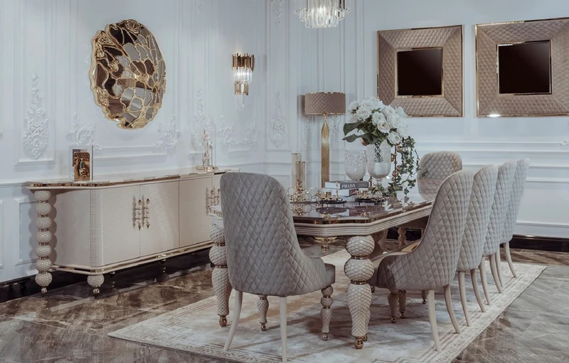 Casa Padrino Luxus Art Deco Esszimmer Set Grau / Weiß / Gold - 1 Art Deco Esstisch mit Kunstmarmor Tischplatte & 8 Art Deco Esszimmerstühle - Art Deco Esszimmer Möbel - Luxus Qualität