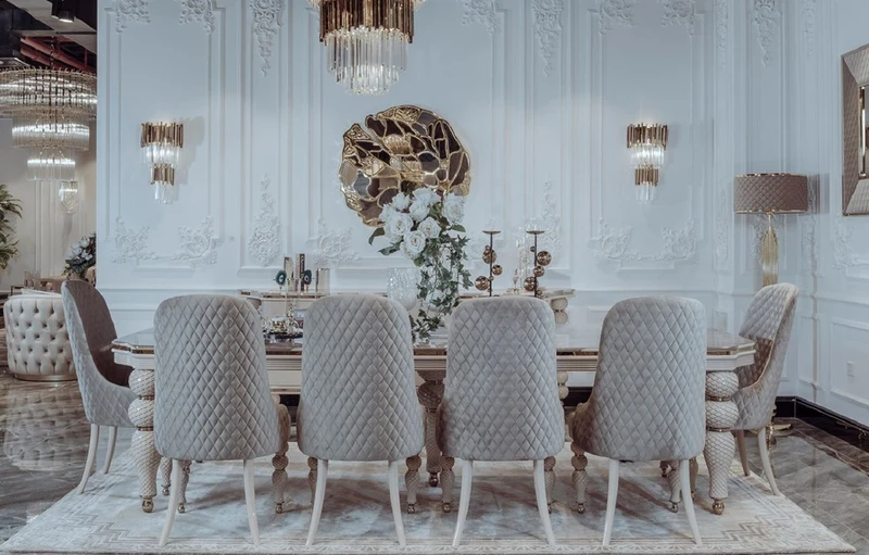 Casa Padrino Luxus Art Deco Esszimmer Set Grau / Weiß / Gold - 1 Art Deco Esstisch mit Kunstmarmor Tischplatte & 8 Art Deco Esszimmerstühle - Art Deco Esszimmer Möbel - Luxus Qualität