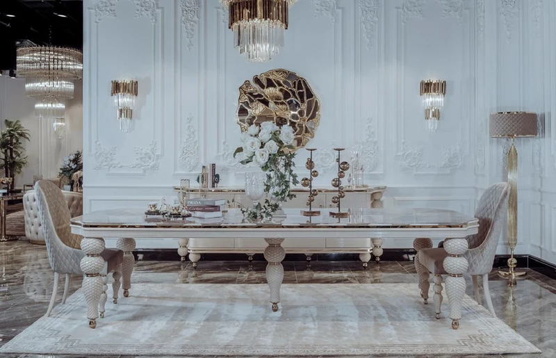 Casa Padrino Luxus Art Deco Esszimmer Set Grau / Weiß / Gold - 1 Art Deco Esstisch mit Kunstmarmor Tischplatte & 8 Art Deco Esszimmerstühle - Art Deco Esszimmer Möbel - Luxus Qualität