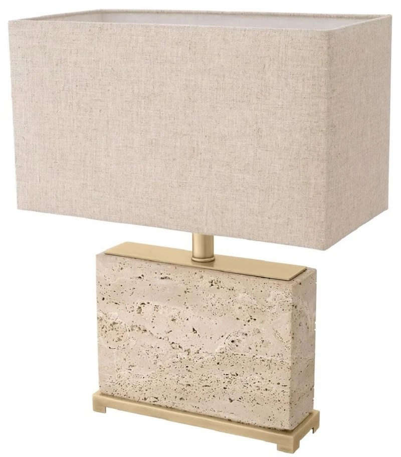 Casa Padrino Luxus Tischleuchte Beige / Antik Messing 40 x 22 x H. 55 cm - Travertin Schreibtischleuchte mit rechteckigem Lampenschirm - Luxus Tischleuchten - Luxus Schreibtischleuchten