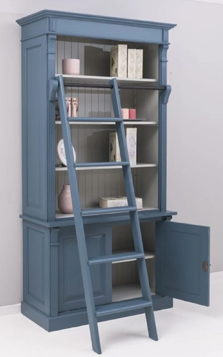 Casa Padrino Landhausstil Bücherschrank mit Leiter Blau / Grau 120 x 51 x H. 228 cm - Massivholz Schrank - Regalschrank - Wohnzimmerschrank - Büroschrank - Landhausstil Möbel