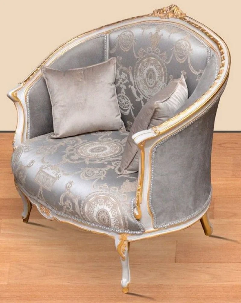 Casa Padrino Barock Sessel mit elegantem Muster Grau / Beige / Weiß / Gold - Barockstil Wohnzimmer Sessel - Antik Stil Sessel - Barockstil Wohnzimmer Möbel - Barock Möbel - Barock Einrichtung
