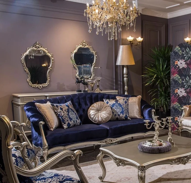 Casa Padrino Luxus Barock Wohnzimmer Set Blau / Rosa / Silber - 2 Barock Sofas & 2 Barock Sessel & 1 Barock Couchtisch - Wohnzimmer Möbel im Barockstil - Barock Möbel - Barock Einrichtung