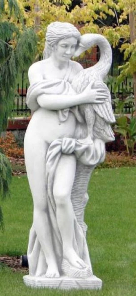 Casa Padrino Jugendstil Garten Deko Skulptur Frau mit Schwan Weiß / Grau 41 x 39 x H. 160 cm - Elegante Garten Deko Stein Figur - Barock & Jugendstil Garten Deko Accessoires
