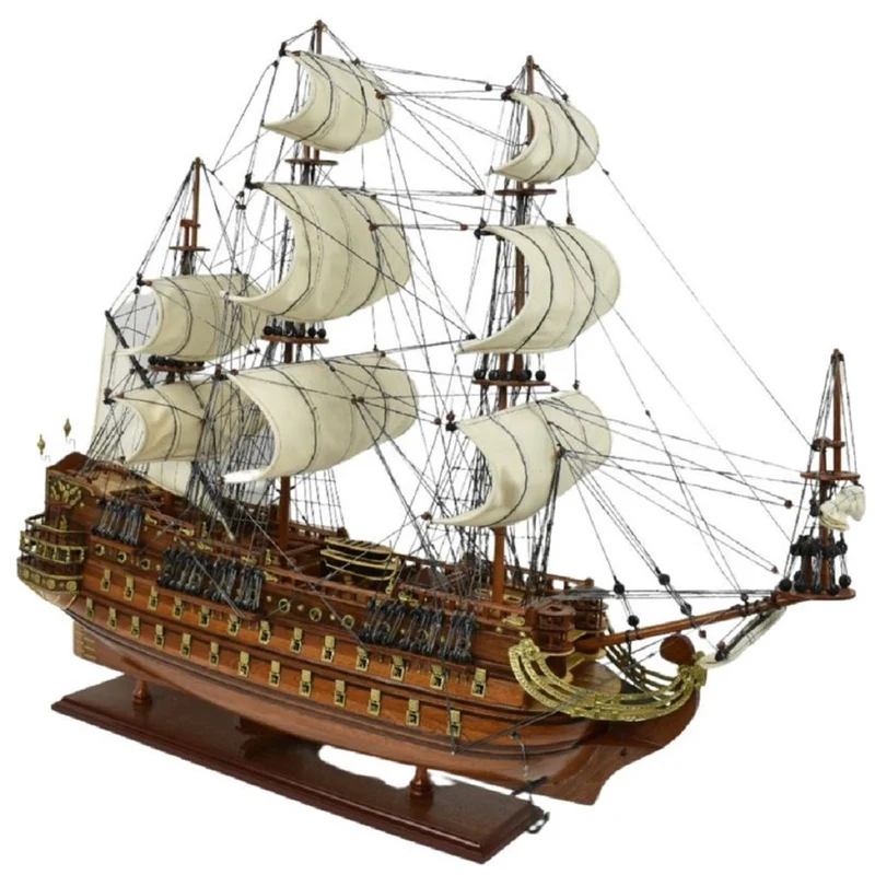 Casa Padrino Luxus Flaggschiff San Felipe Dunkelbraun / Braun / Messing 95 x 29 x H. 90 cm - Handgefertigtes Spanisches Deko Schiff - Holzschiff - Segelschiff - Kriegsschiff - Deko Accessoires