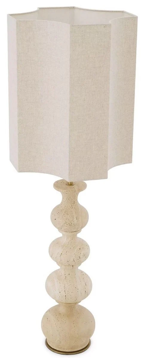 Casa Padrino Luxus Tischleuchte Beige / Antik Messing 40,5 x 40,5 x H. 116,5 cm - Travertin Schreibtischleuchte mit Lampenschirm - Luxus Tischleuchten - Luxus Qualität