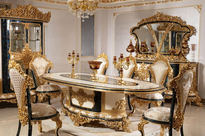 Casa Padrino Luxus Barock Esstisch Weiß / Blau / Gold - Prunkvoller Massivholz Esszimmertisch im Barockstil - Barock Esszimmer Möbel - Edel & Prunkvoll