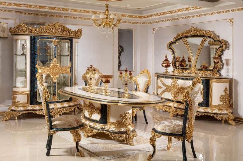 Casa Padrino Luxus Barock Esstisch Weiß / Blau / Gold - Prunkvoller Massivholz Esszimmertisch im Barockstil - Barock Esszimmer Möbel - Edel & Prunkvoll