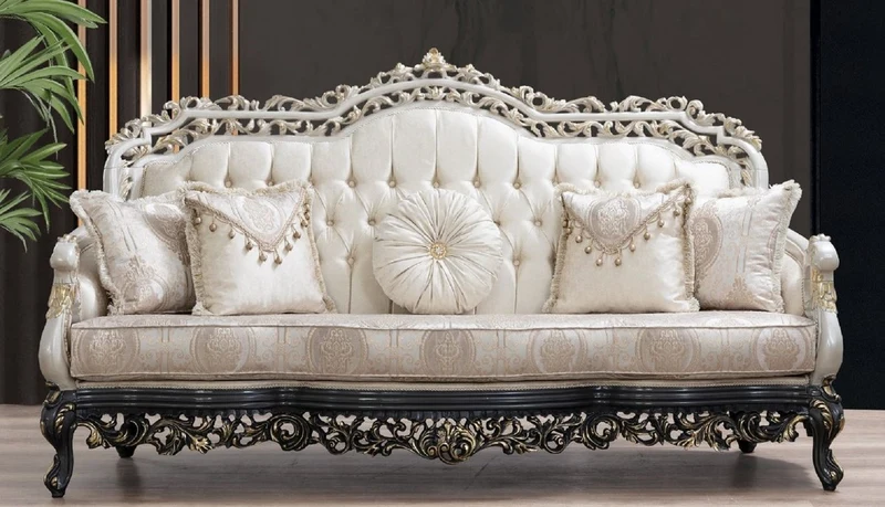 Casa Padrino Luxus Barock Sofa Creme / Beige / Weiß / Grau / Gold - Prunkvolles Wohnzimmer Sofa mit elegantem Muster - Barock Wohnzimmer & Hotel Möbel - Edel & Prunkvoll
