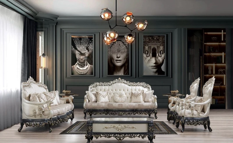 Casa Padrino Luxus Barock Sofa Creme / Beige / Weiß / Grau / Gold - Prunkvolles Wohnzimmer Sofa mit elegantem Muster - Barock Wohnzimmer & Hotel Möbel - Edel & Prunkvoll