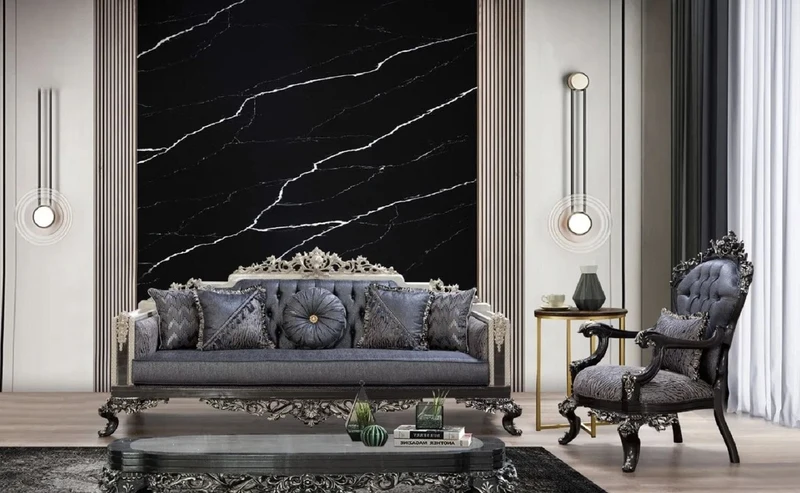 Casa Padrino Luxus Barock Sofa Blau / Grau / Weiß / Schwarz / Silber - Prunkvolles Wohnzimmer Sofa mit elegantem Muster - Barock Wohnzimmer & Hotel Möbel - Edel & Prunkvoll