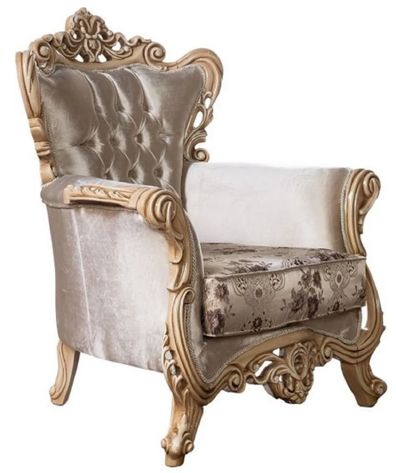 Casa Padrino Luxus Barock Sessel Beige / Braun / Naturfarben - Prunkvoller Wohnzimmer Sessel mit elegantem Muster - Barock Wohnzimmer Möbel