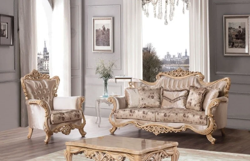 Casa Padrino Luxus Barock Sessel Beige / Braun / Naturfarben - Prunkvoller Wohnzimmer Sessel mit elegantem Muster - Barock Wohnzimmer Möbel