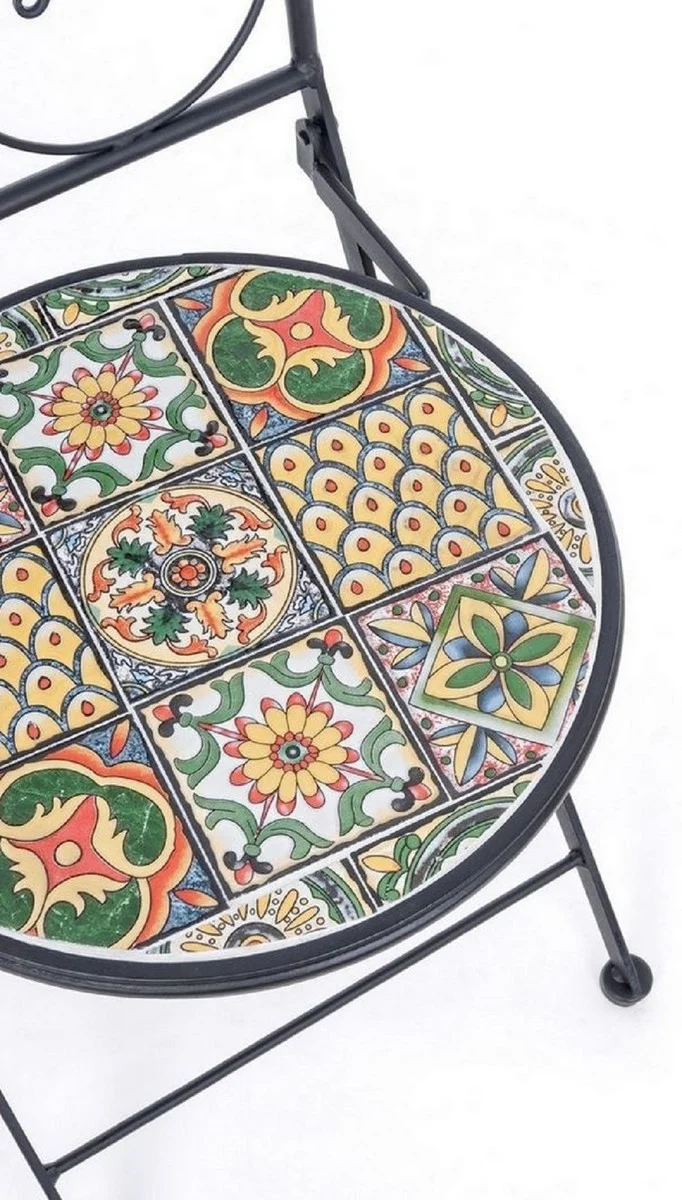 Casa Padrino Jugendstil Gartenstuhl 4er Set Schwarz / Mehrfarbig 39 x 47 x H. 92 cm - Klappbare Stühle mit Keramik Platten - Nostalgische Garten & Gastronomie Möbel