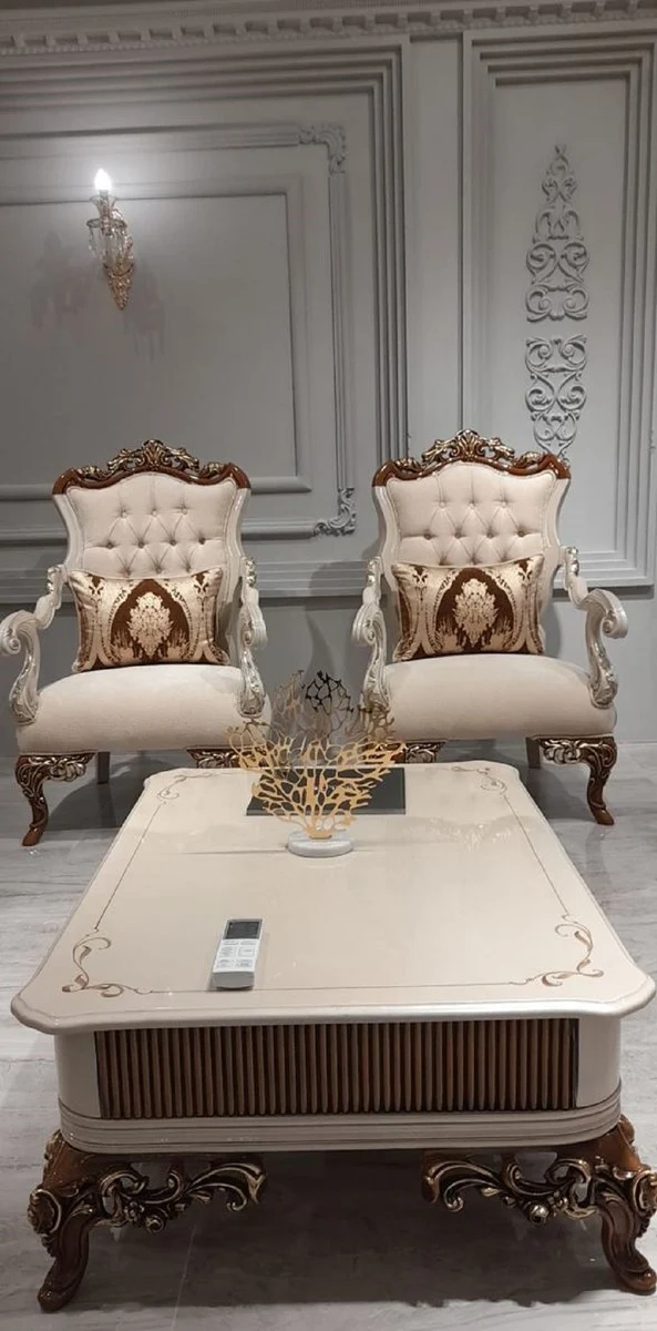 Casa Padrino Luxus Barock Couchtisch Beige / Grau / Braun / Gold - Prunkvoller Massivholz Wohnzimmertisch im Barockstil - Barock Wohnzimmer Möbel - Edel & Prunkvoll