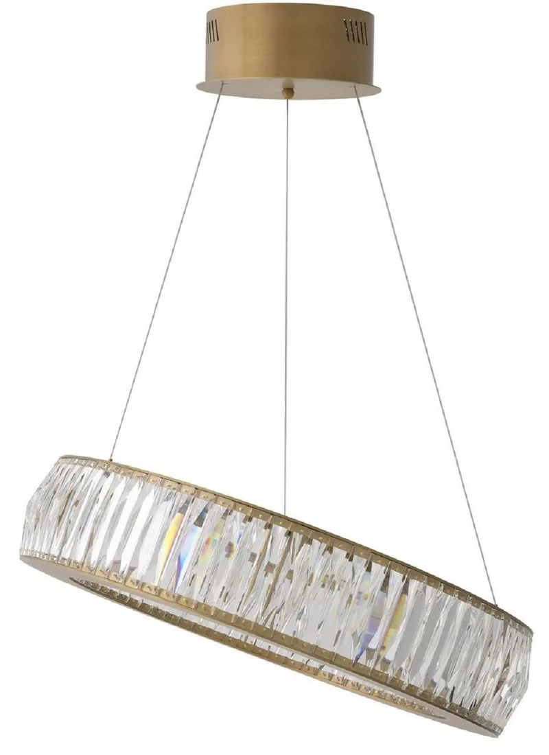 Casa Padrino Luxus LED Kronleuchter Antik Messing Ø 63 x H. 13-200 cm - Runder Wohnzimmer Kronleuchter mit Kristallglas - Luxus Qualität