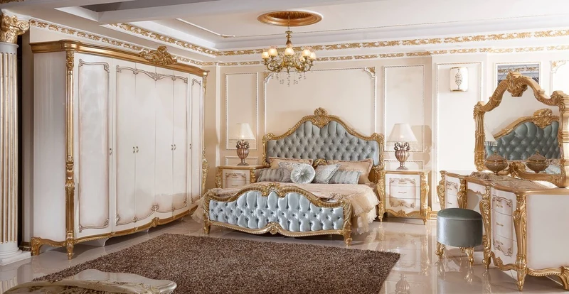 Casa Padrino Luxus Barock Schlafzimmer Set Weiß / Braun / Gold / Türkis - 1 Barock Schminkkommode & 1 Barock Spiegel & 1 Barock Hocker - Barock Schlafzimmer Möbel - Edel & Prunkvoll